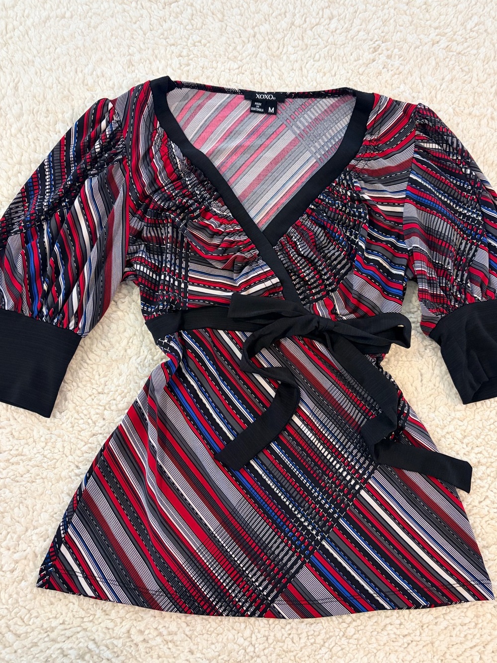 💋Vintage Y2K XOXO Wrap Top M Puff Sleeve Snatched Waist McBling 2000s Babydoll